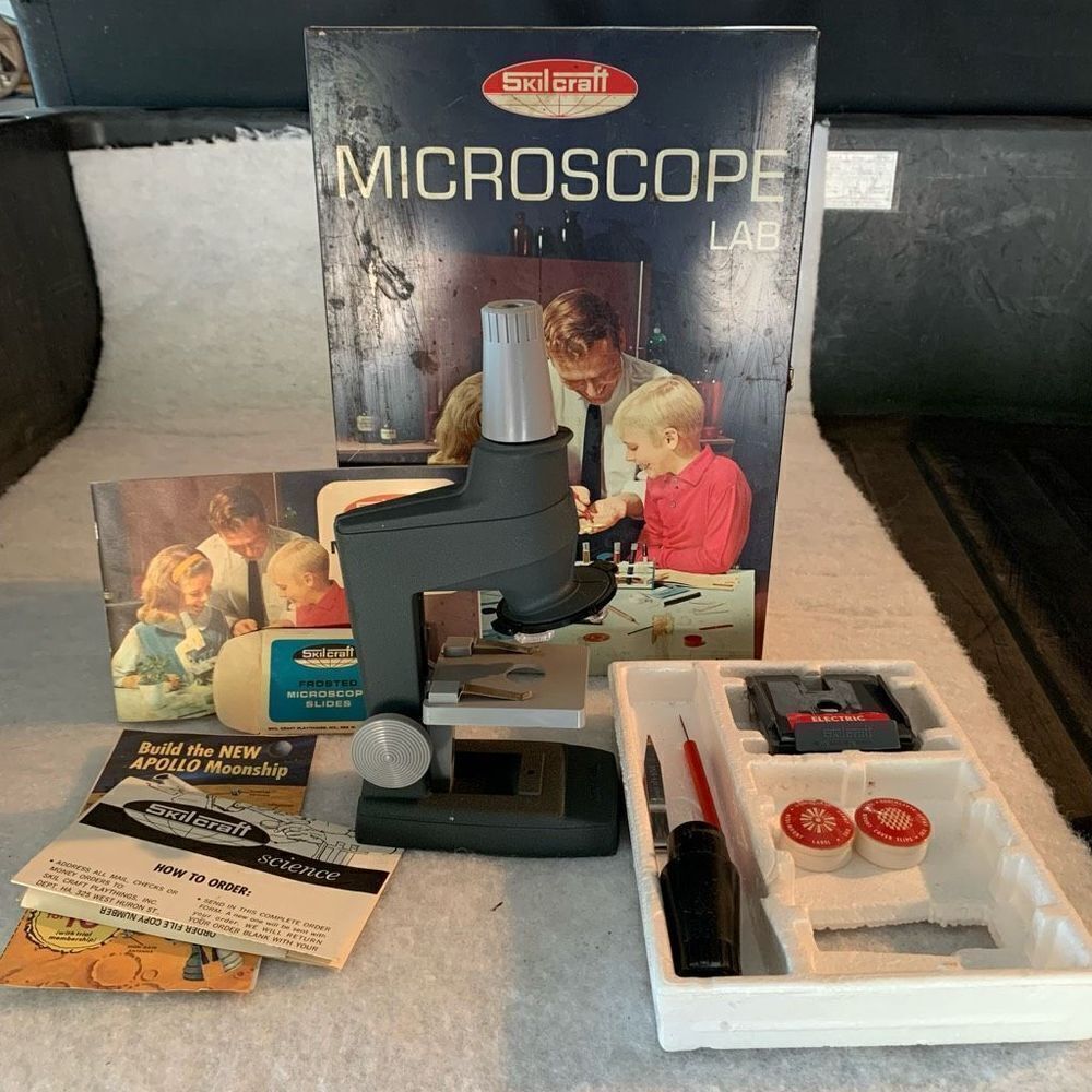 Vintage 1960’s Skilcraft Lab #416 Senior Metal Microscope Set & Box